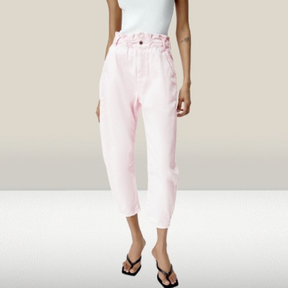 Zara Paper Bag High Waisted Baggy Jeans, Pink 0 - Picture 1 of 9